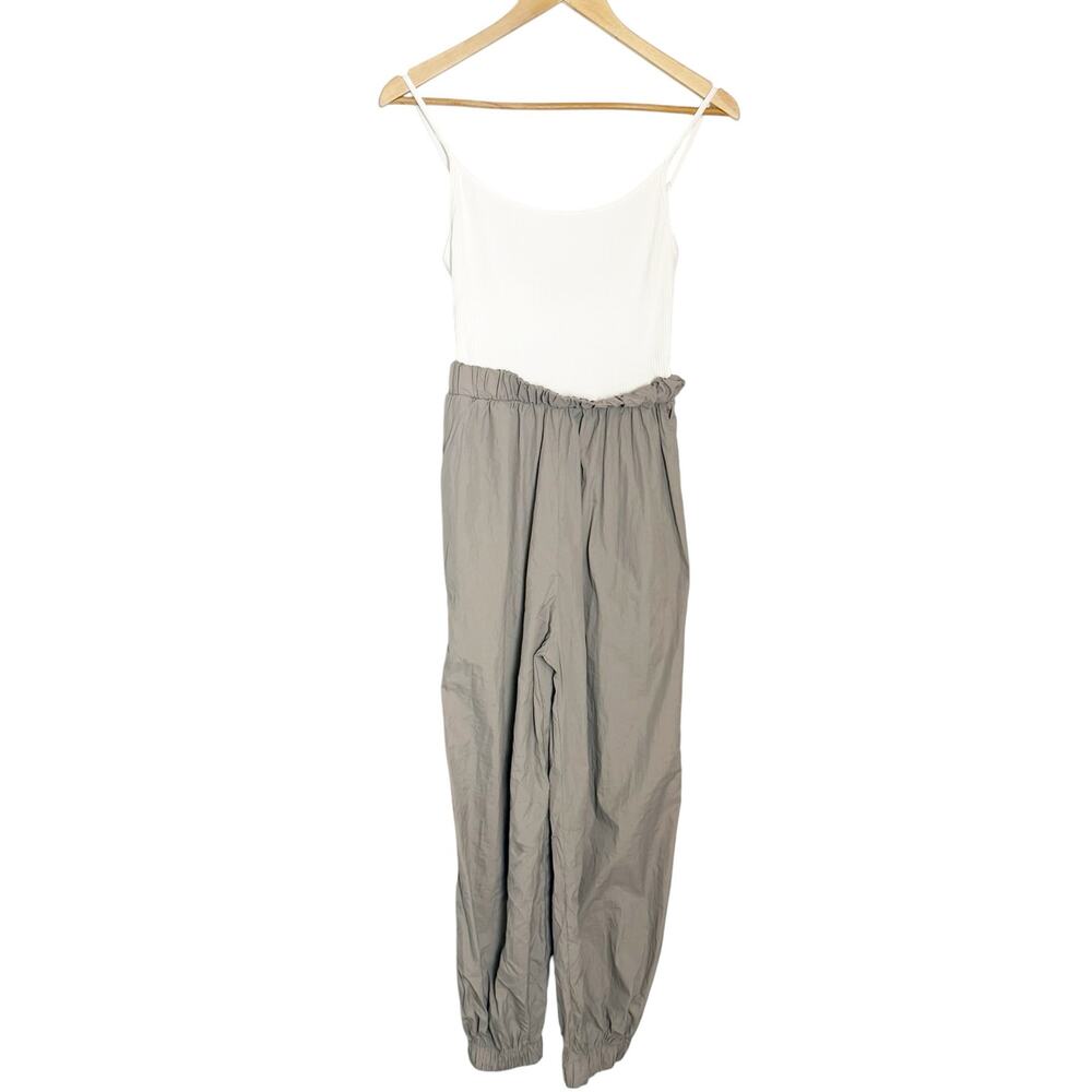 Zara Cream Ribbed Taupe Mixed Media Paperbag Parachute Jogger Tank Jumpsuit S